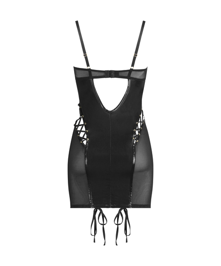 Slip dress mesh lace-up, Noir