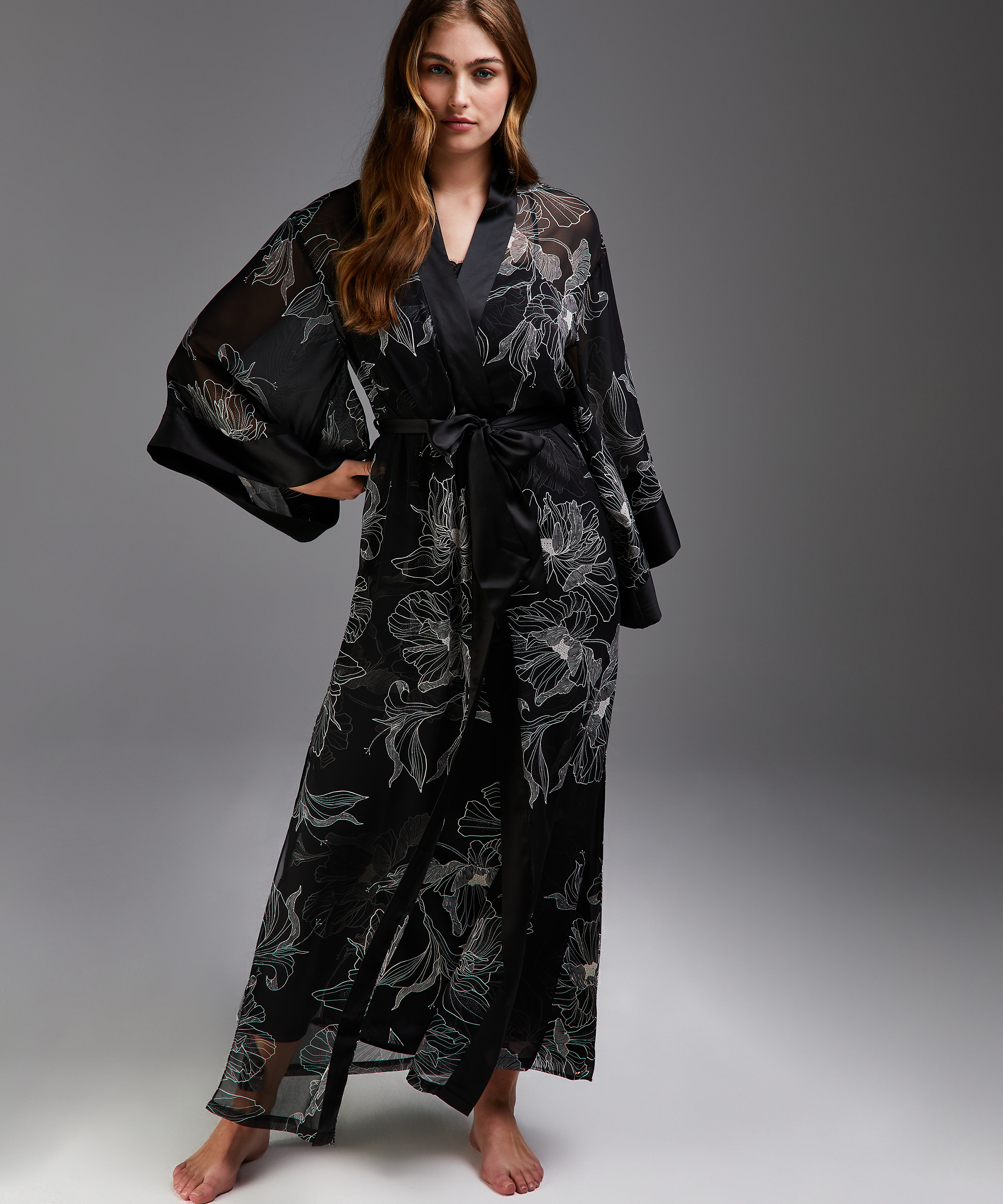 Kimono long chiffon lotus, Noir, main