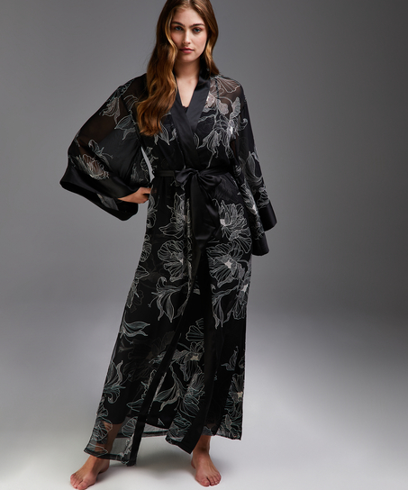 Kimono long chiffon lotus, Noir