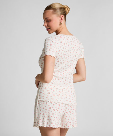 Haut à manches courtes en dentelle côtelée, Blanc