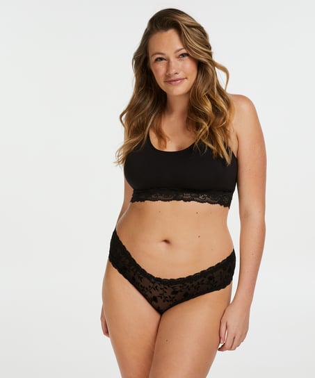 Slip brésilien en forme de V en maille, Noir