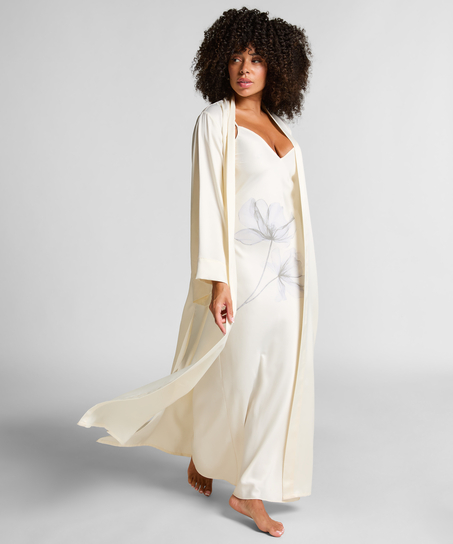 Kimono Long Satin Floral, Blanc