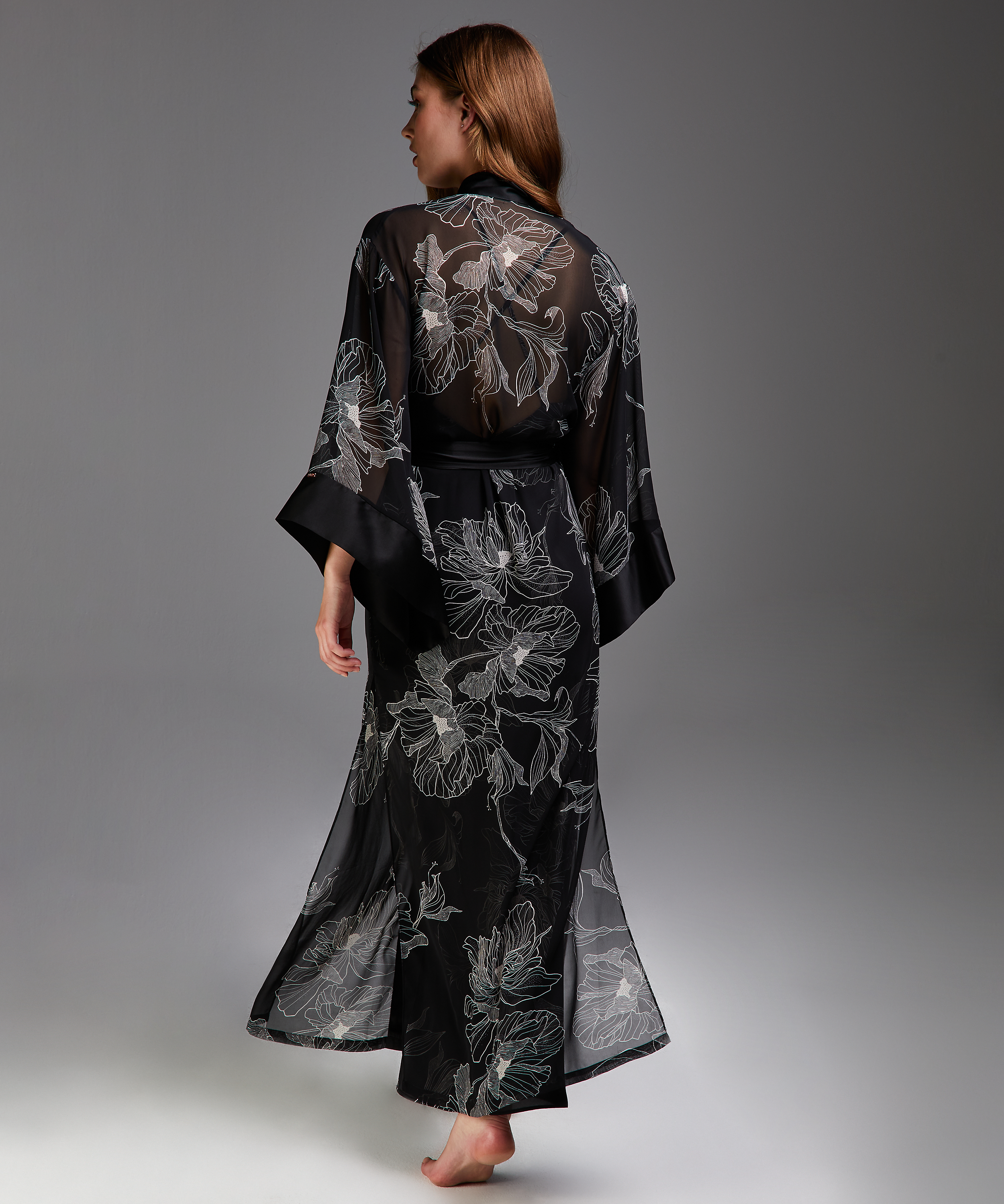 Kimono long chiffon lotus, Noir, main