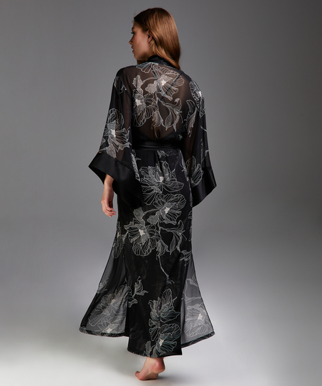 Kimono long chiffon lotus, Noir
