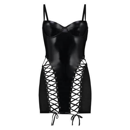 Slip dress mesh lace-up, Noir