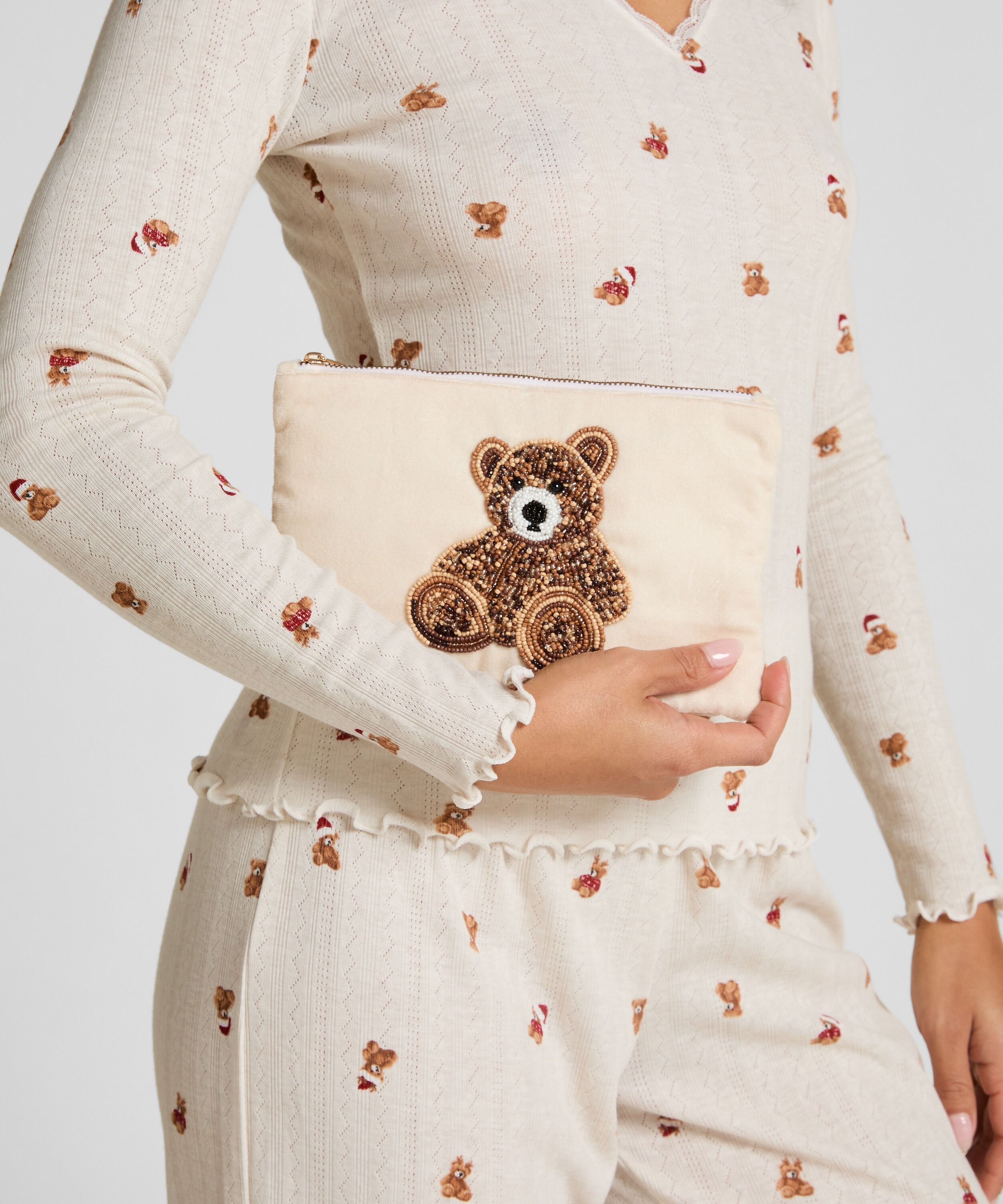 Pochette perl&eacute;e ours, Beige