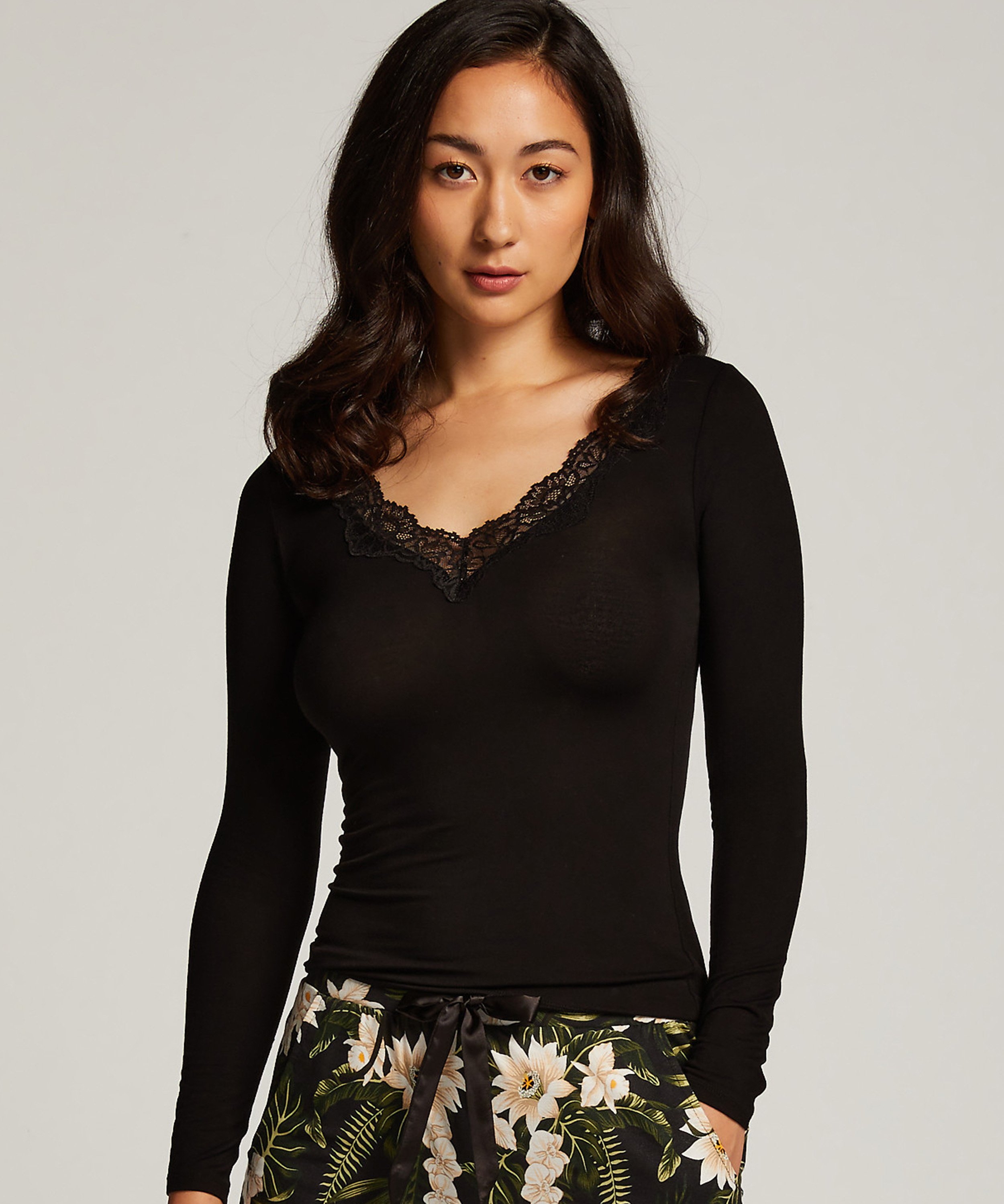 Haut de pyjama manches longues Jersey, Noir, main