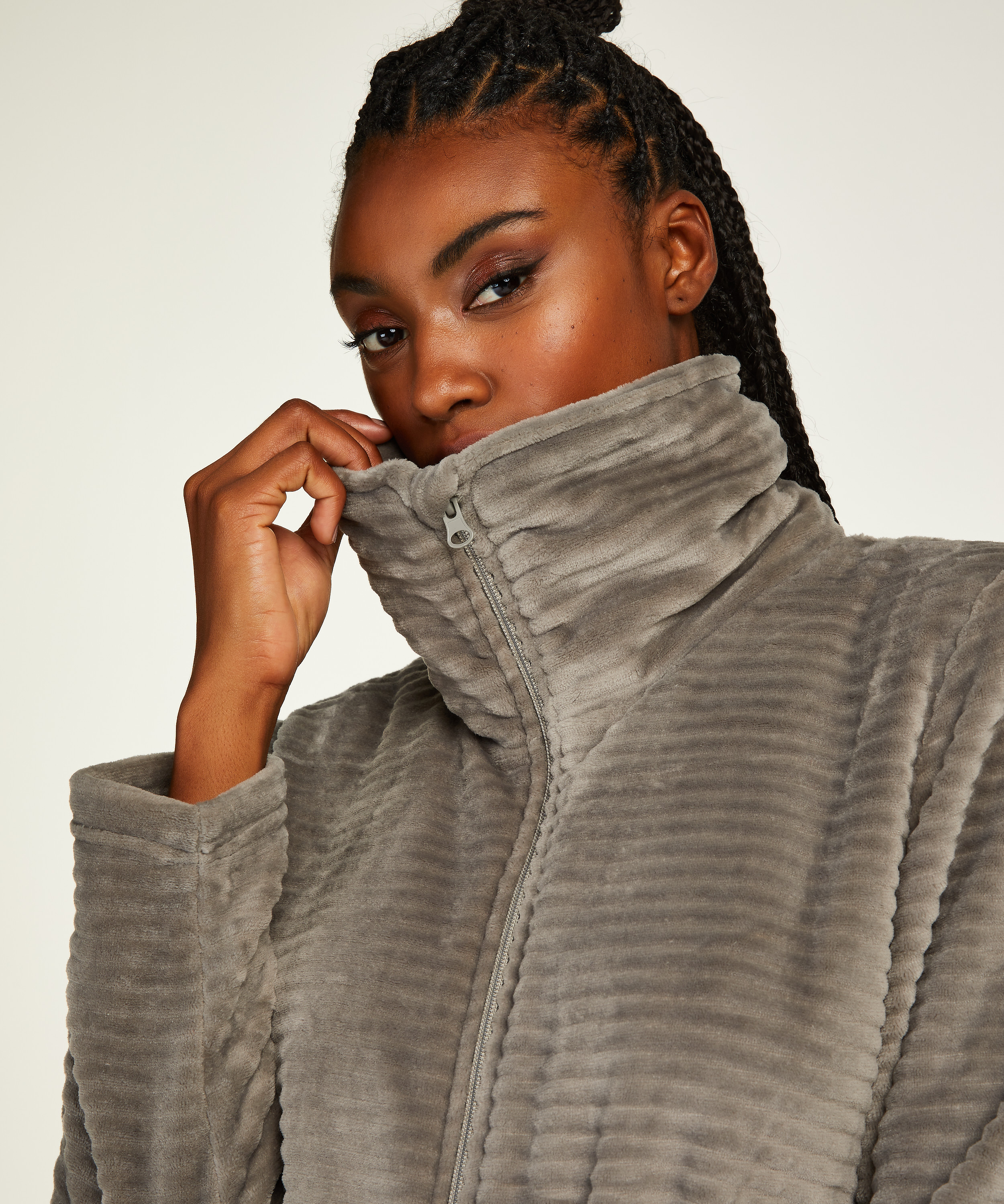 Peignoir en molleton avec fermeture éclair, Gris, main