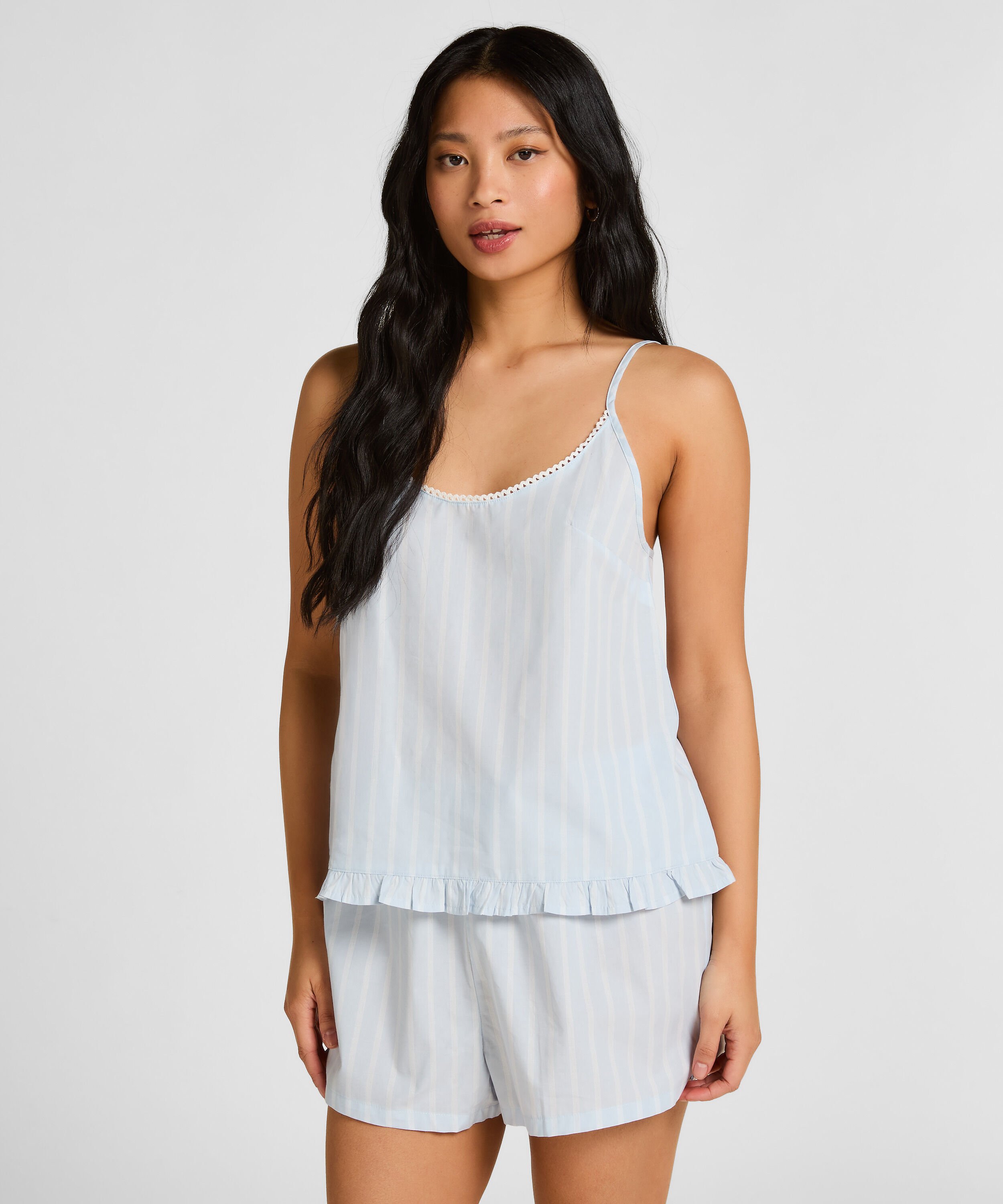 Veste de Pyjama Rayée en Coton à Manches Courtes, Bleu