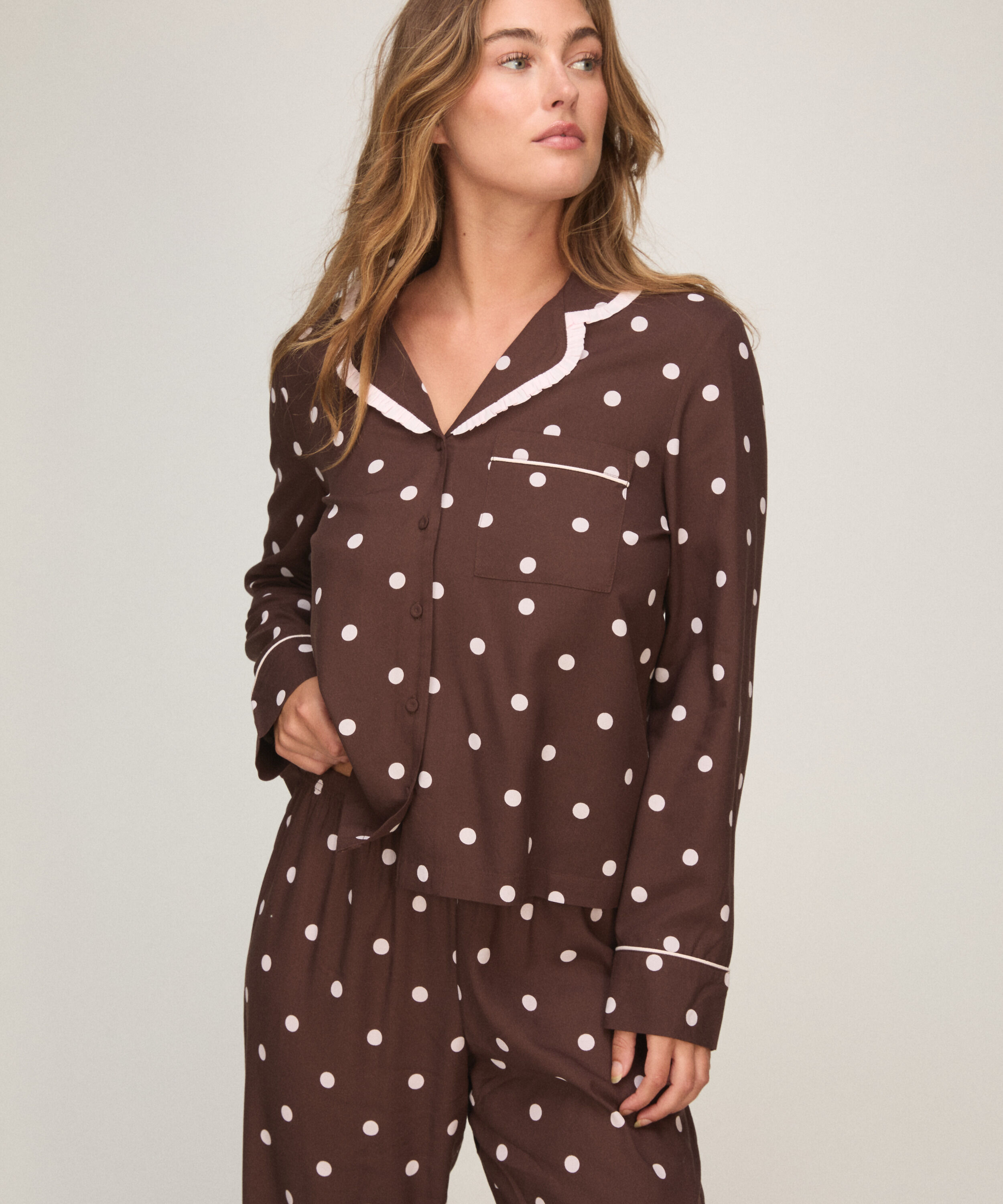 Pyjama Set Poplin Ruffle, Marron Pyjama Set Poplin Ruffle, Marron