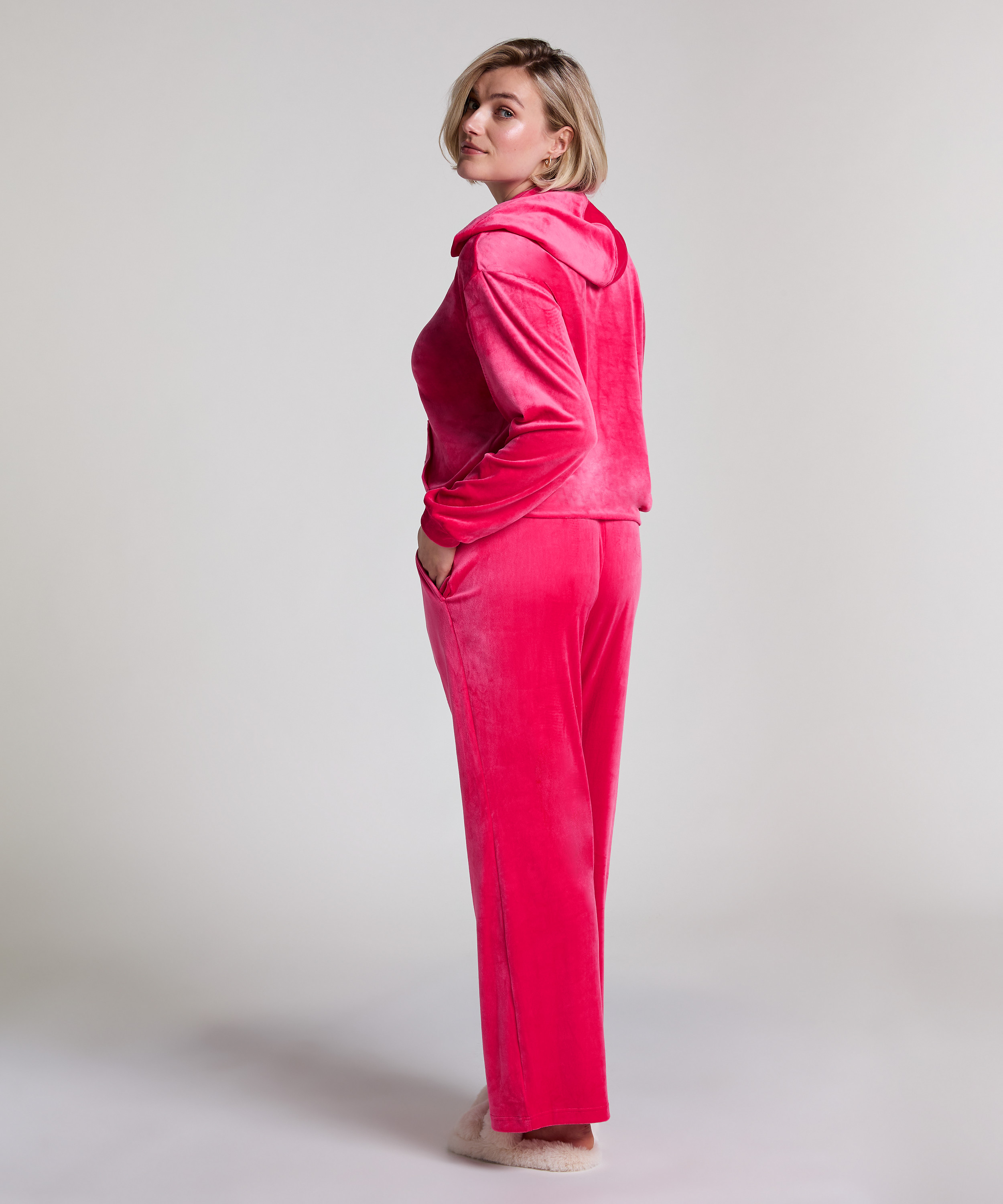 Manteau à capuche velours, Rose, main