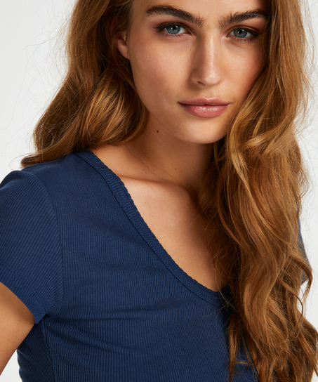 Haut de pyjama côtelé à manches courtes, Bleu