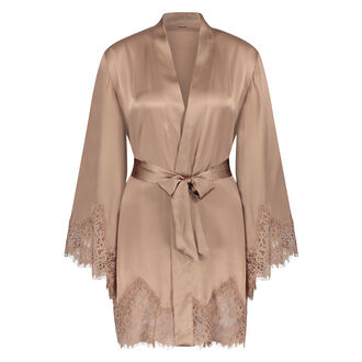 Kimono soie dentelle festonn&eacute;e, Rose