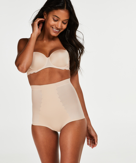 Bas taille haute avec gaine sculptante en dentelle festonnée - Level 3, Beige
