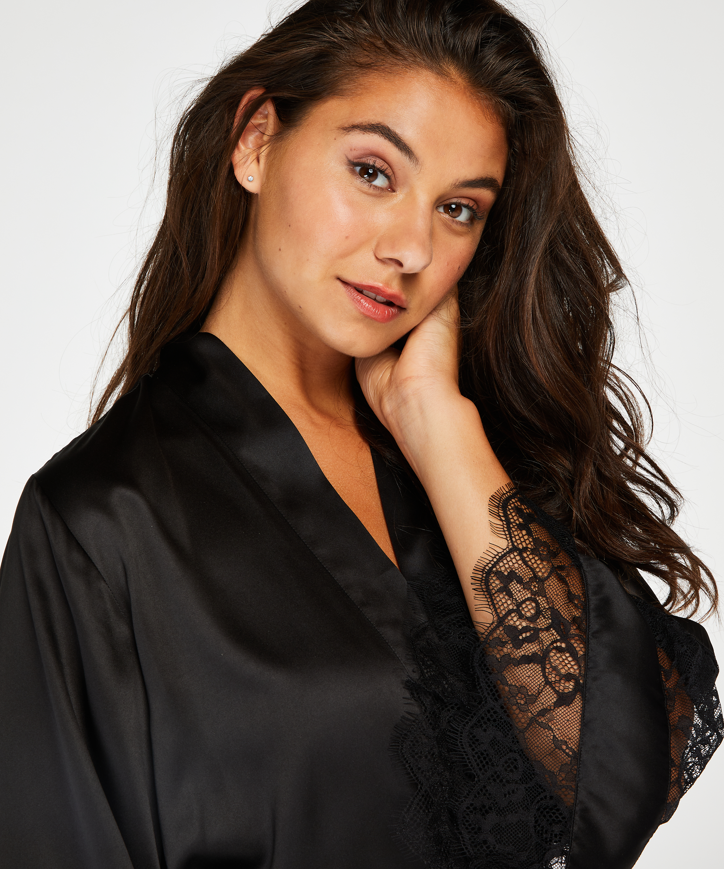 Kimono Satin en dentelle, Noir, main