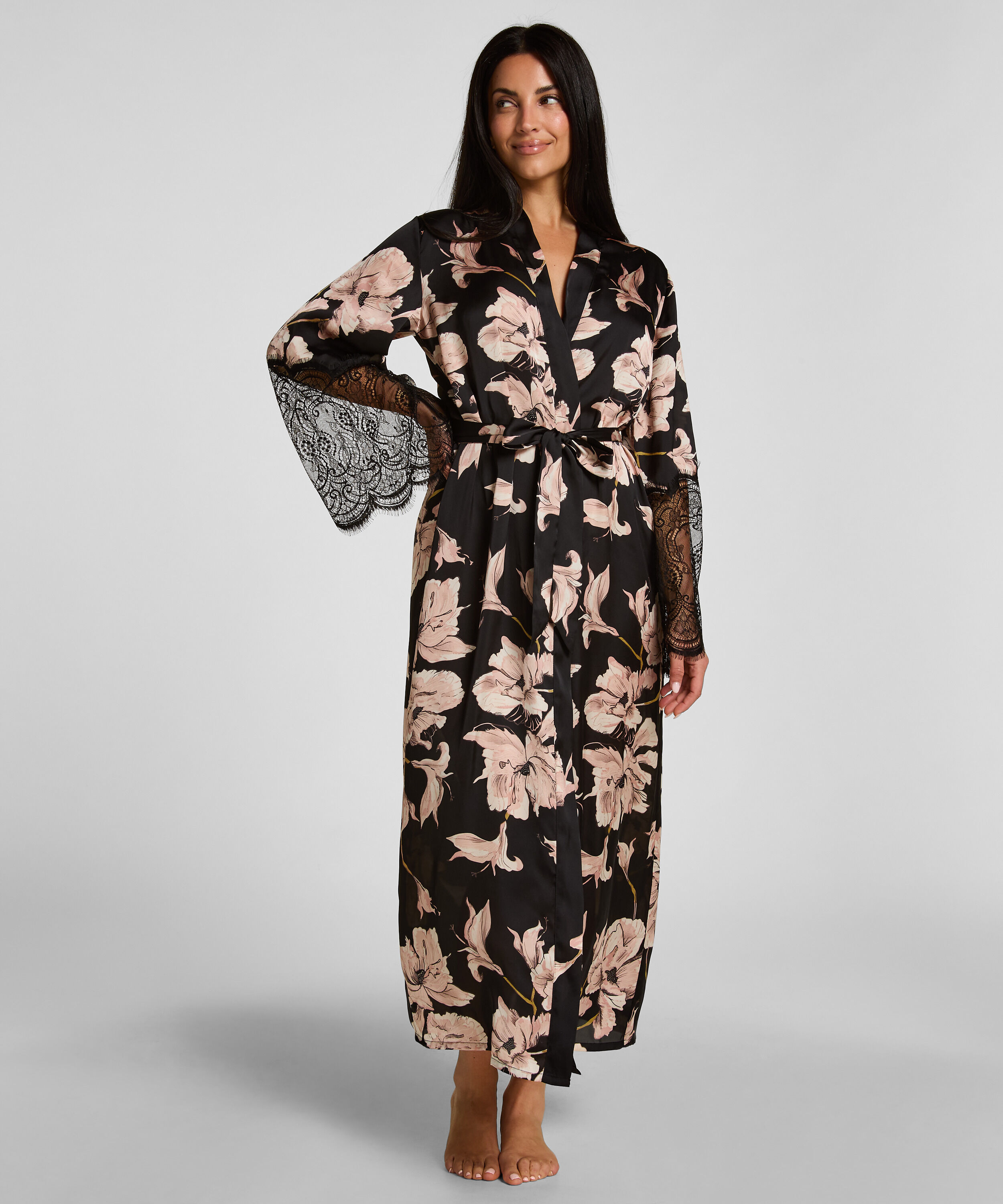 Kimono Long Satin Lace, Noir