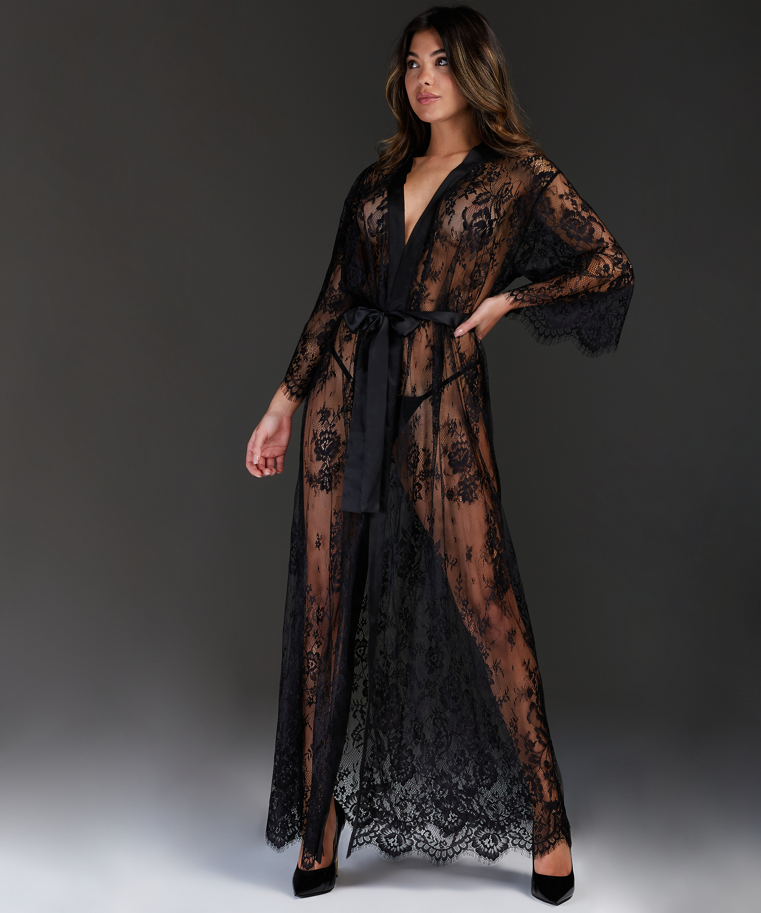 Long Kimono Allover Lace, Noir, main
