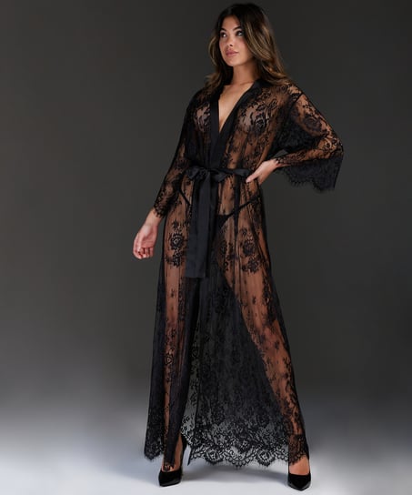 Long Kimono Allover Lace, Noir