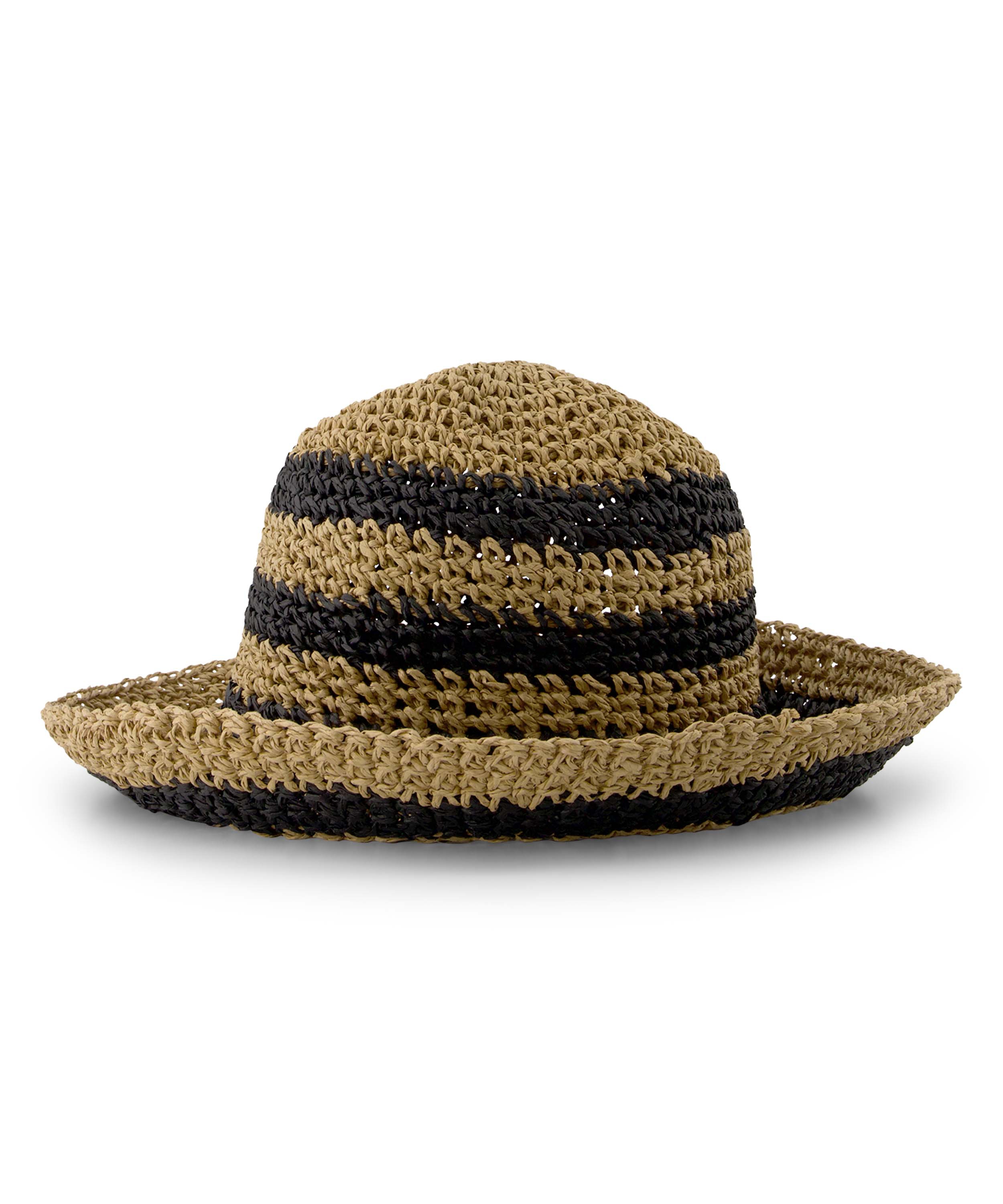 Chapeau seau rayé en paille, Noir, main