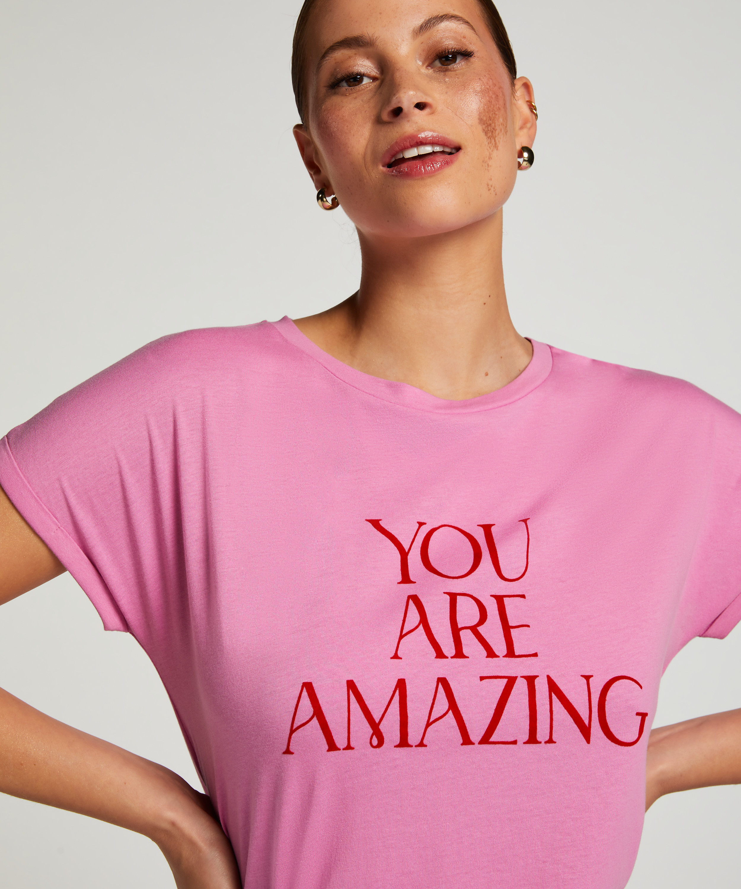 Chemise de nuit col rond, Rose, main