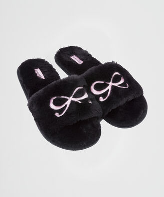 Sandales Bow fake fur, Noir