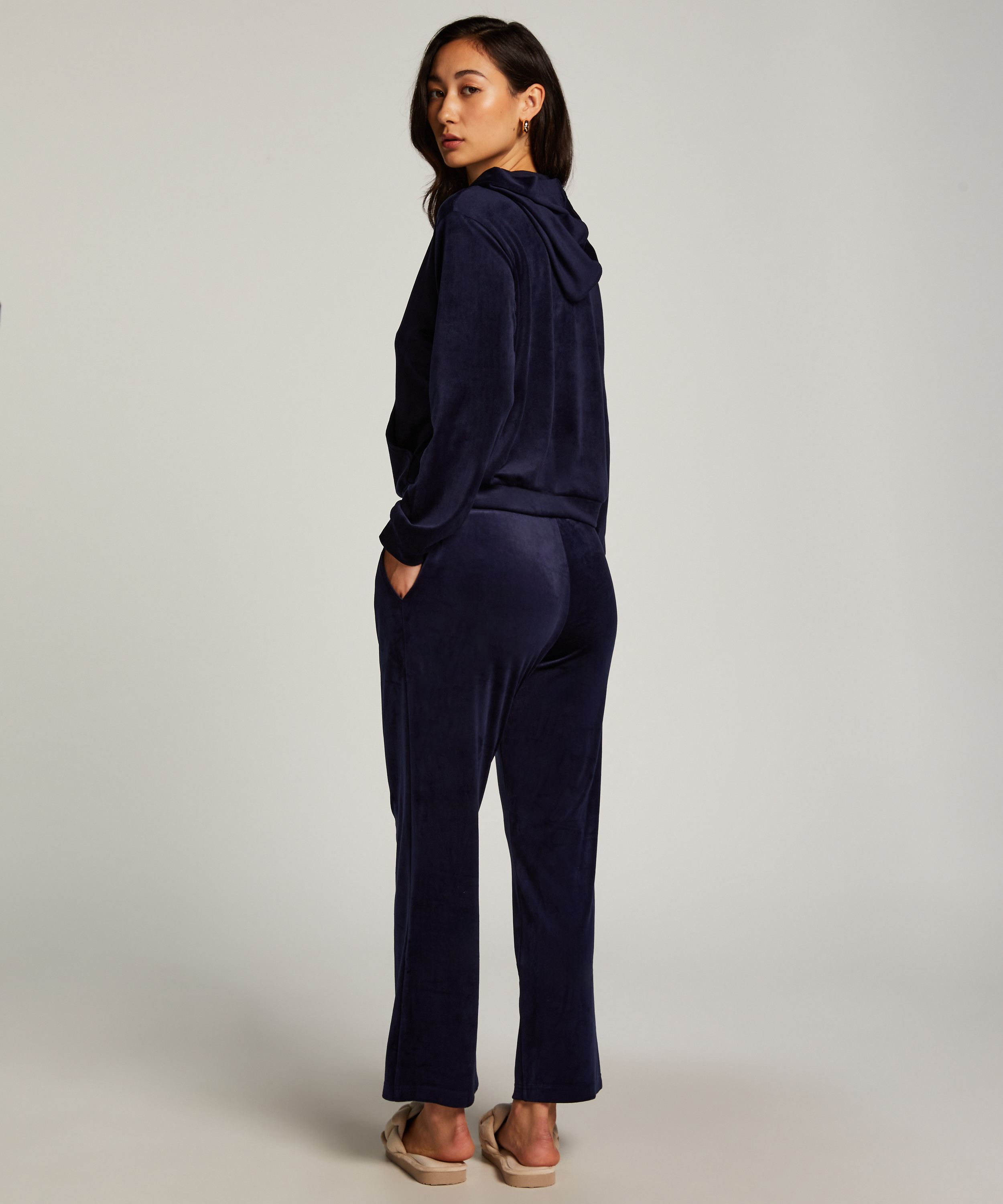 Manteau à capuche velours, Bleu, main