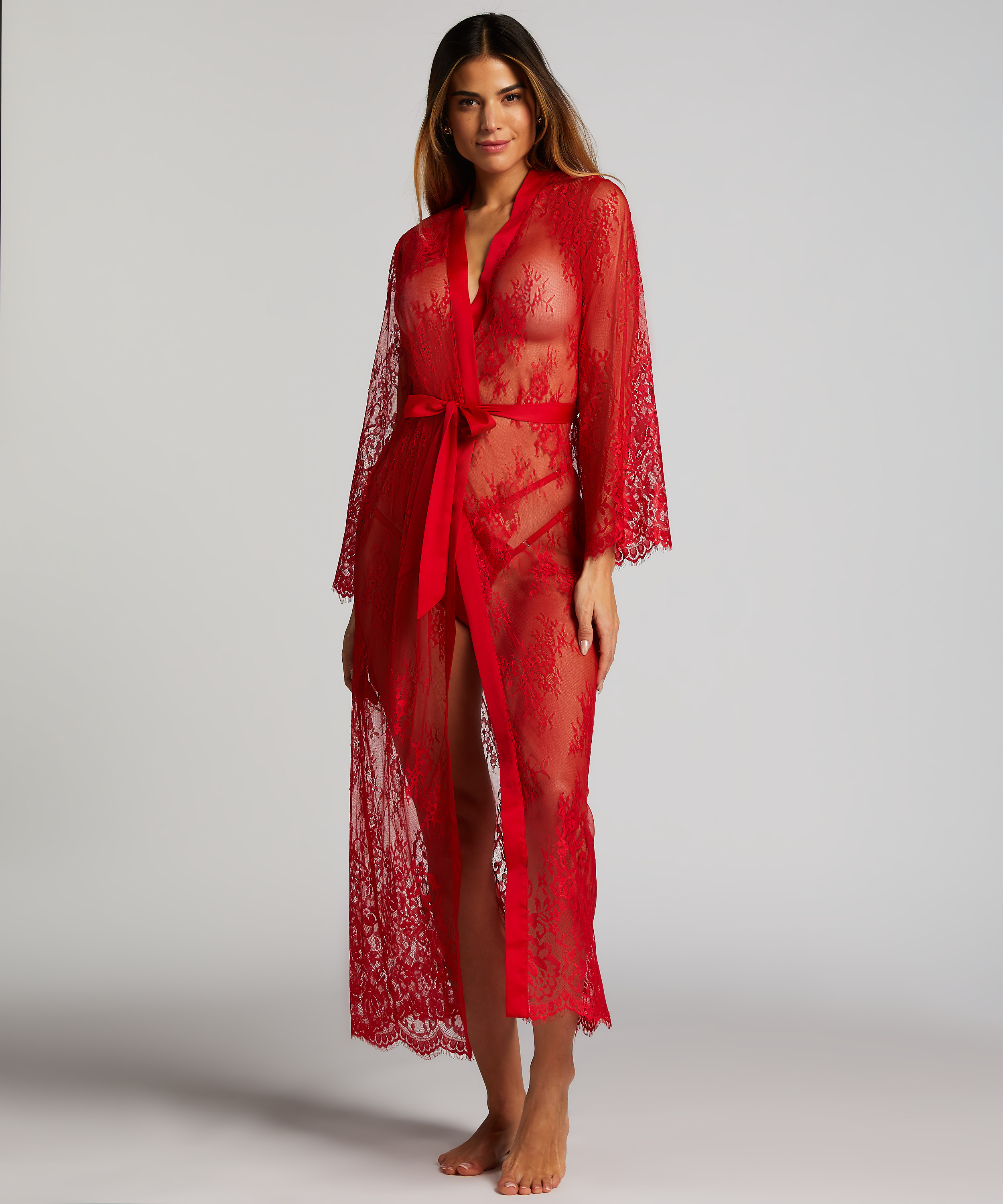 Long Kimono Allover Lace, Rouge, main
