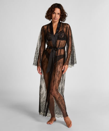 Long Kimono Allover Lace, Noir