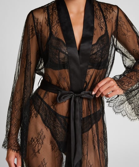 Long Kimono Allover Lace, Noir