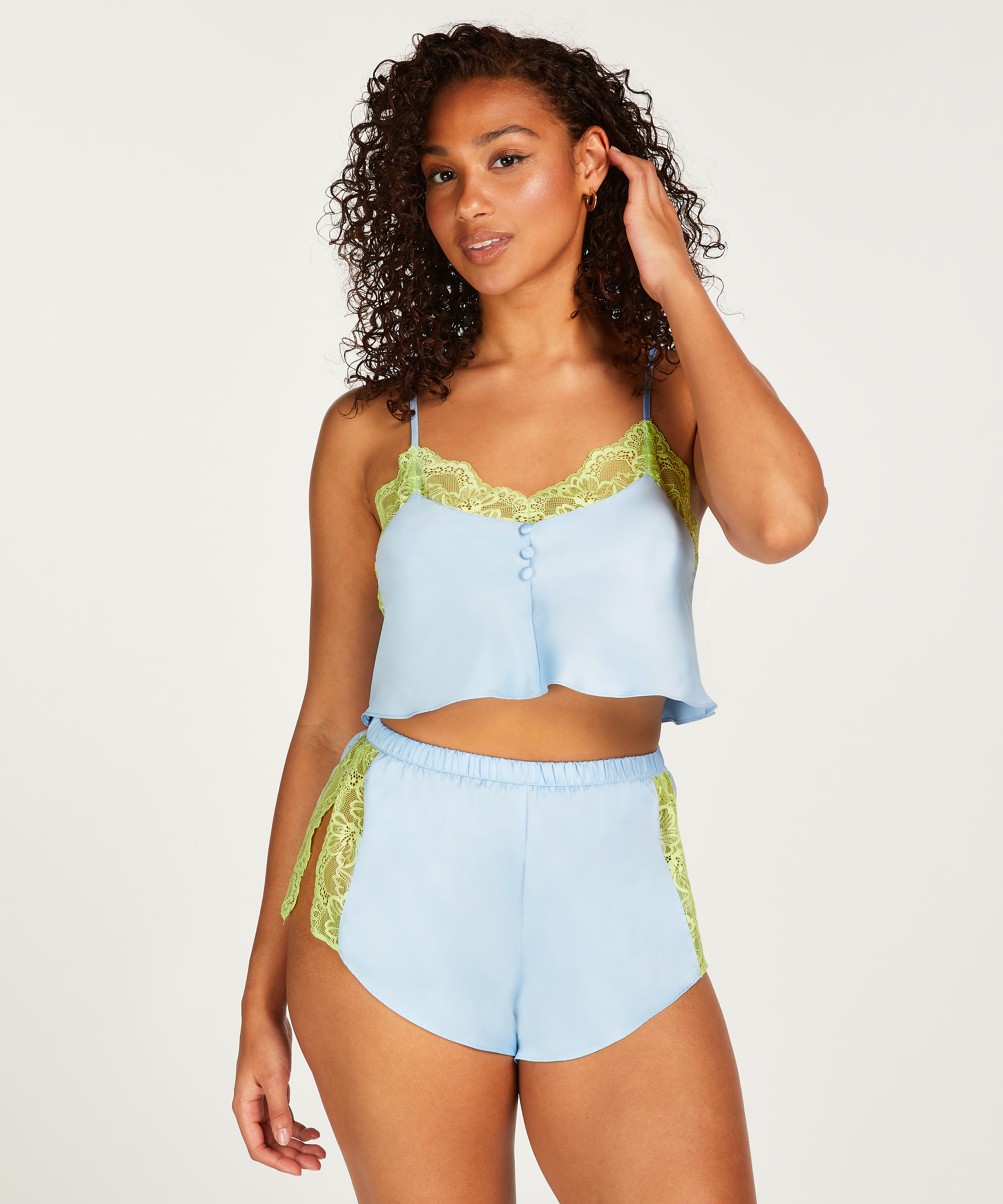 Short Satin Dentelle, Bleu, main