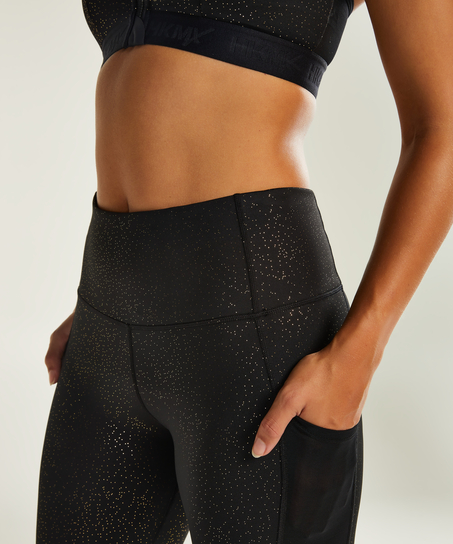 ﻿Legging de sport HKMX Taille haute à Paillettes Dorées, Noir