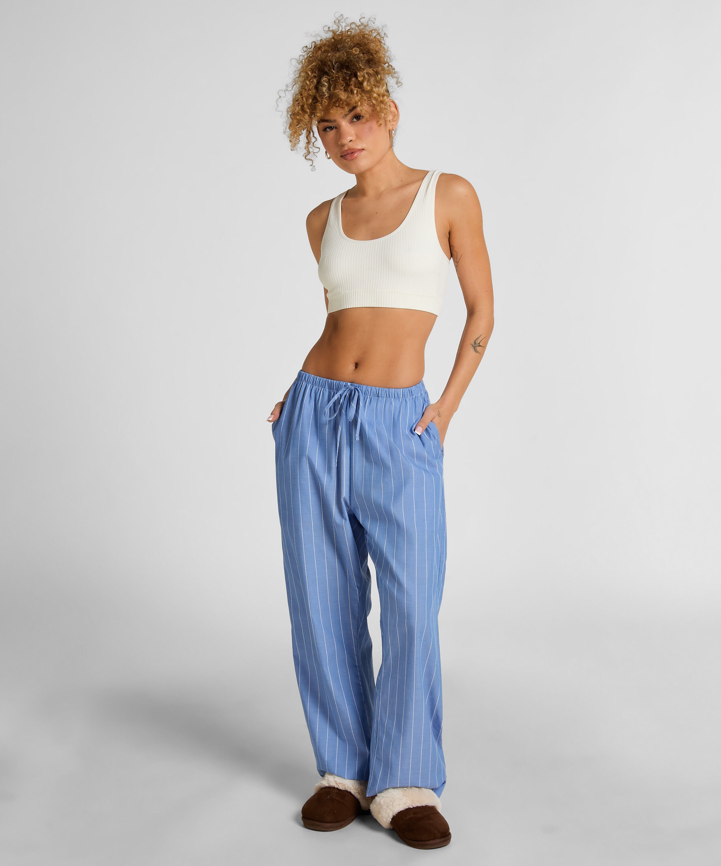 Pantalon en coton tissé à rayures, Bleu