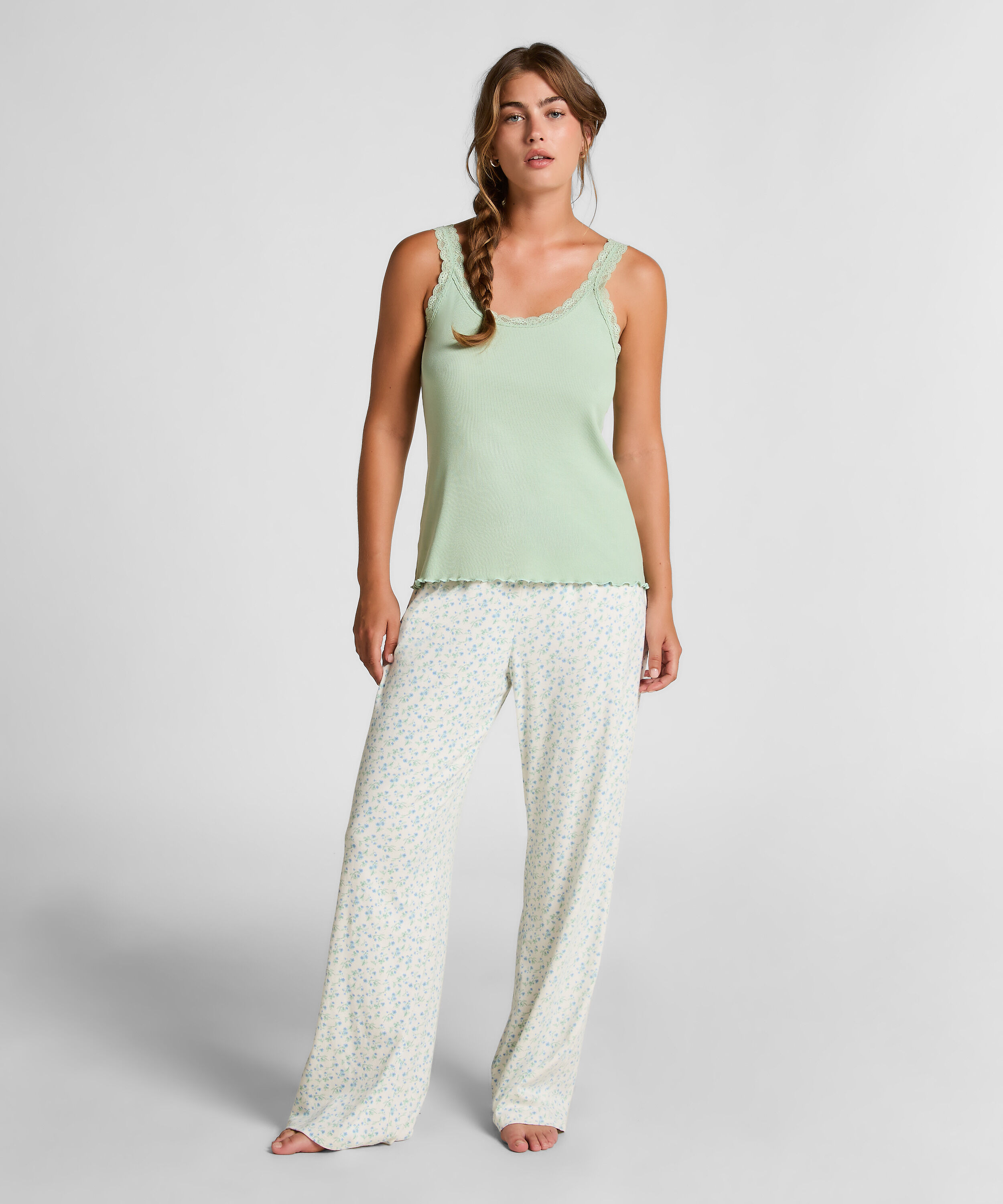 Débardeur en Jersey Côtelé avec Dentelle, Vert