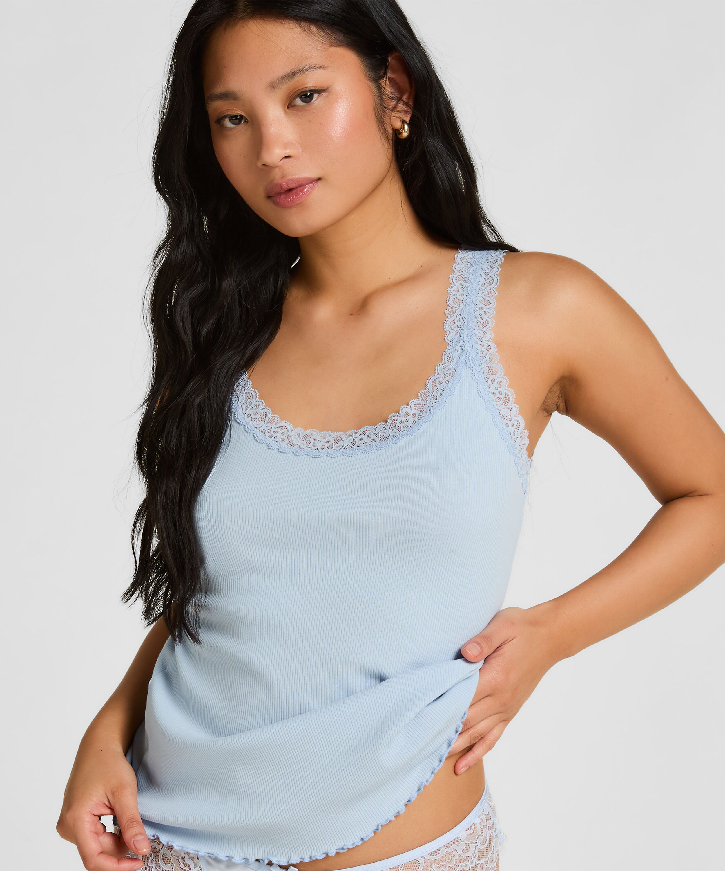 Débardeur en Jersey Côtelé avec Dentelle, Bleu Débardeur en Jersey Côtelé avec Dentelle, Bleu