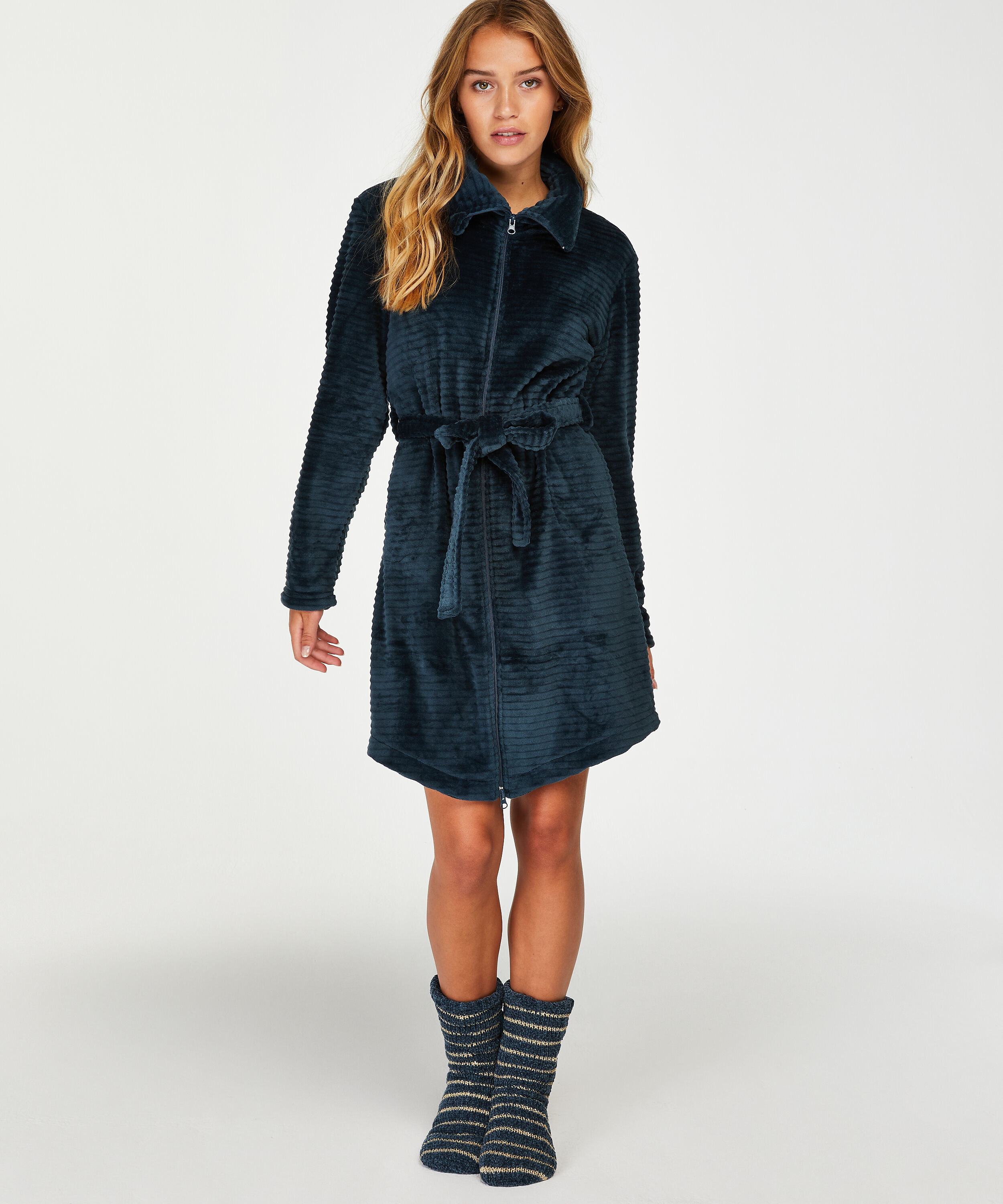 Peignoir en molleton avec fermeture &eacute;clair, Bleu