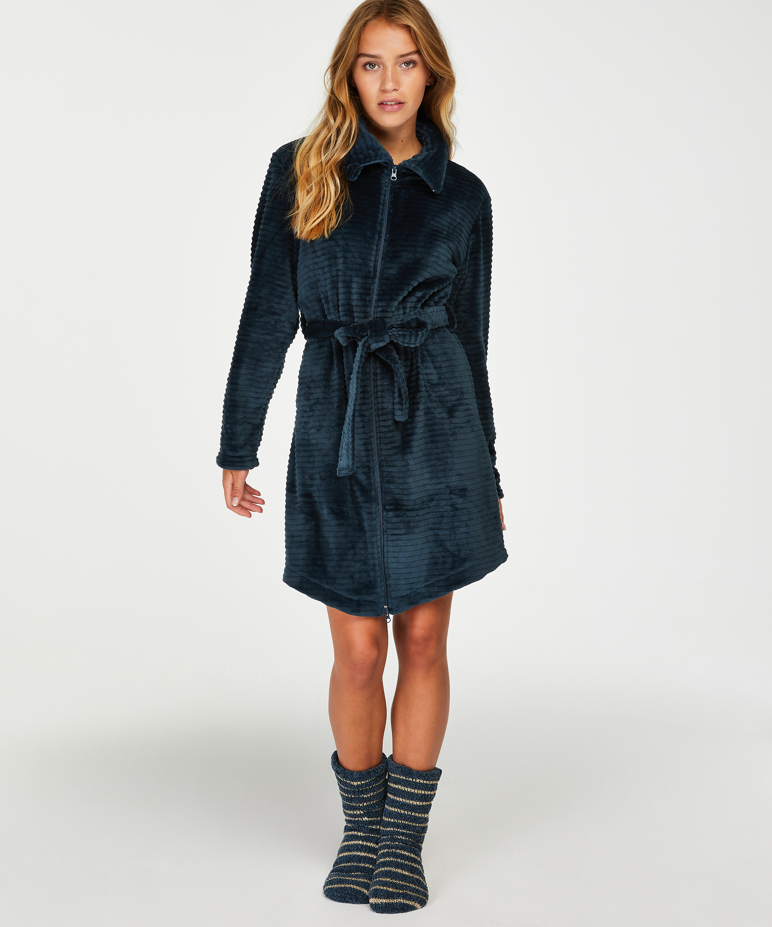 Peignoir en molleton avec fermeture &eacute;clair, Bleu, main