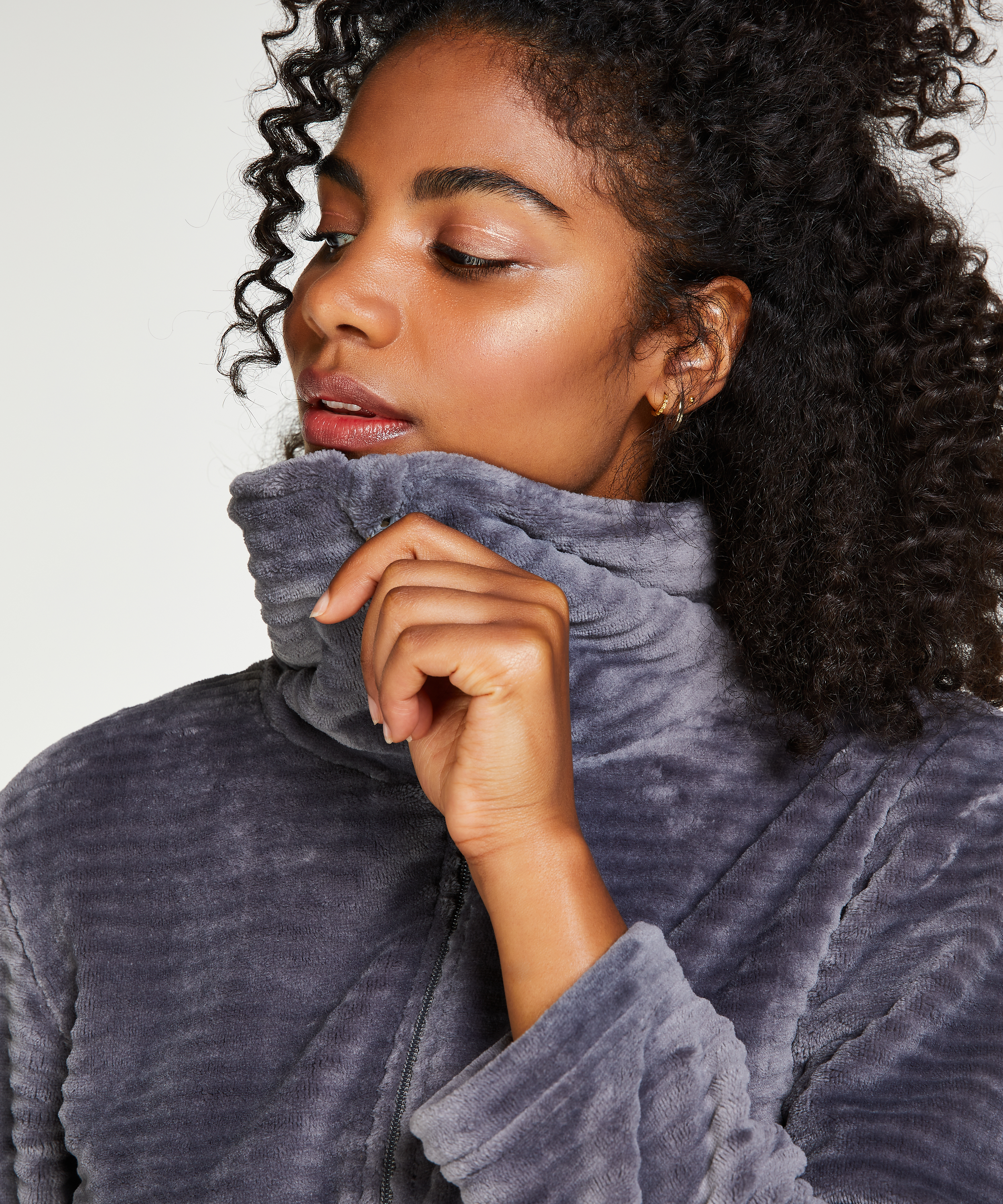 Peignoir en molleton avec fermeture éclair, Gris, main