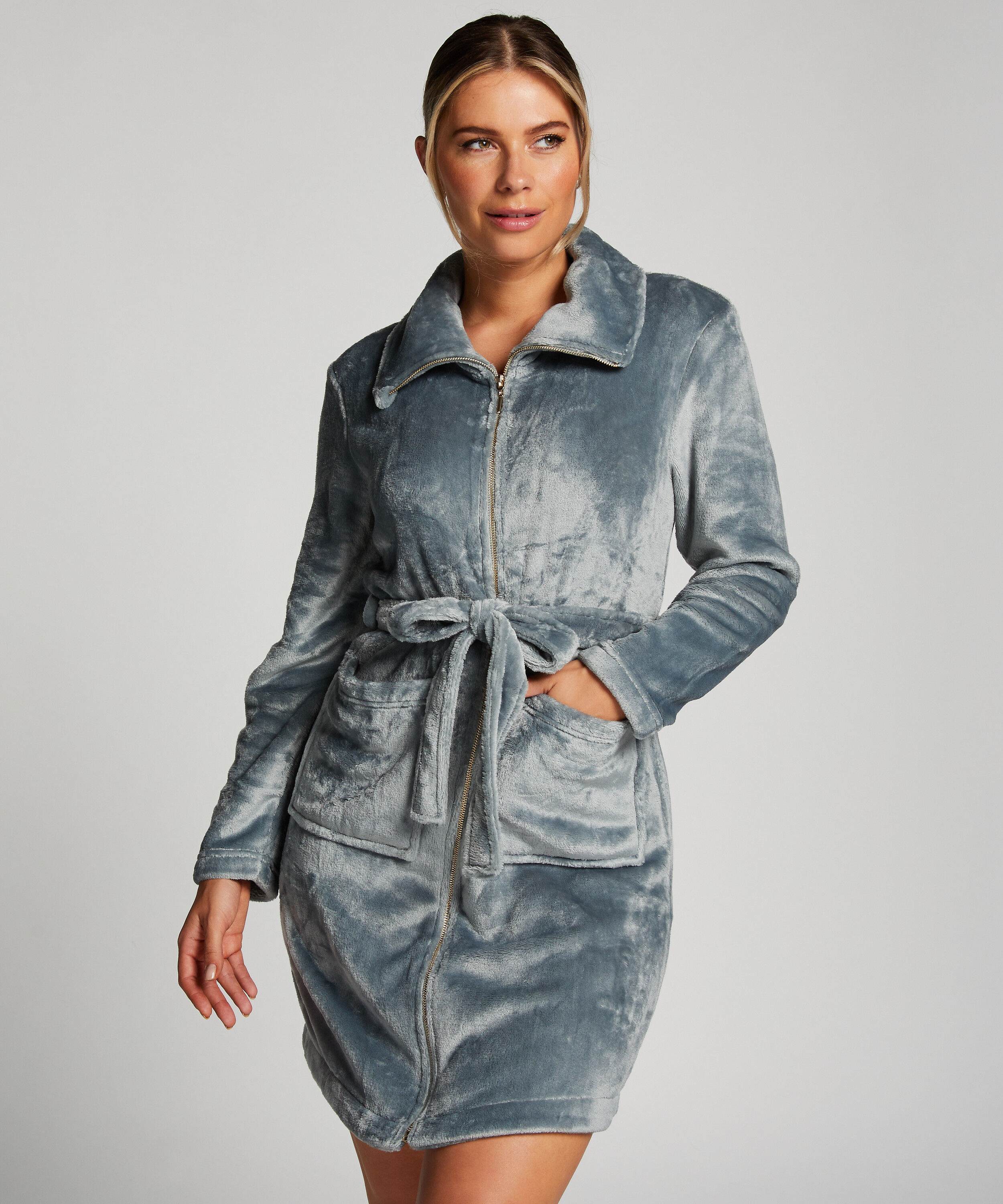Peignoir en molleton avec fermeture éclair, Bleu