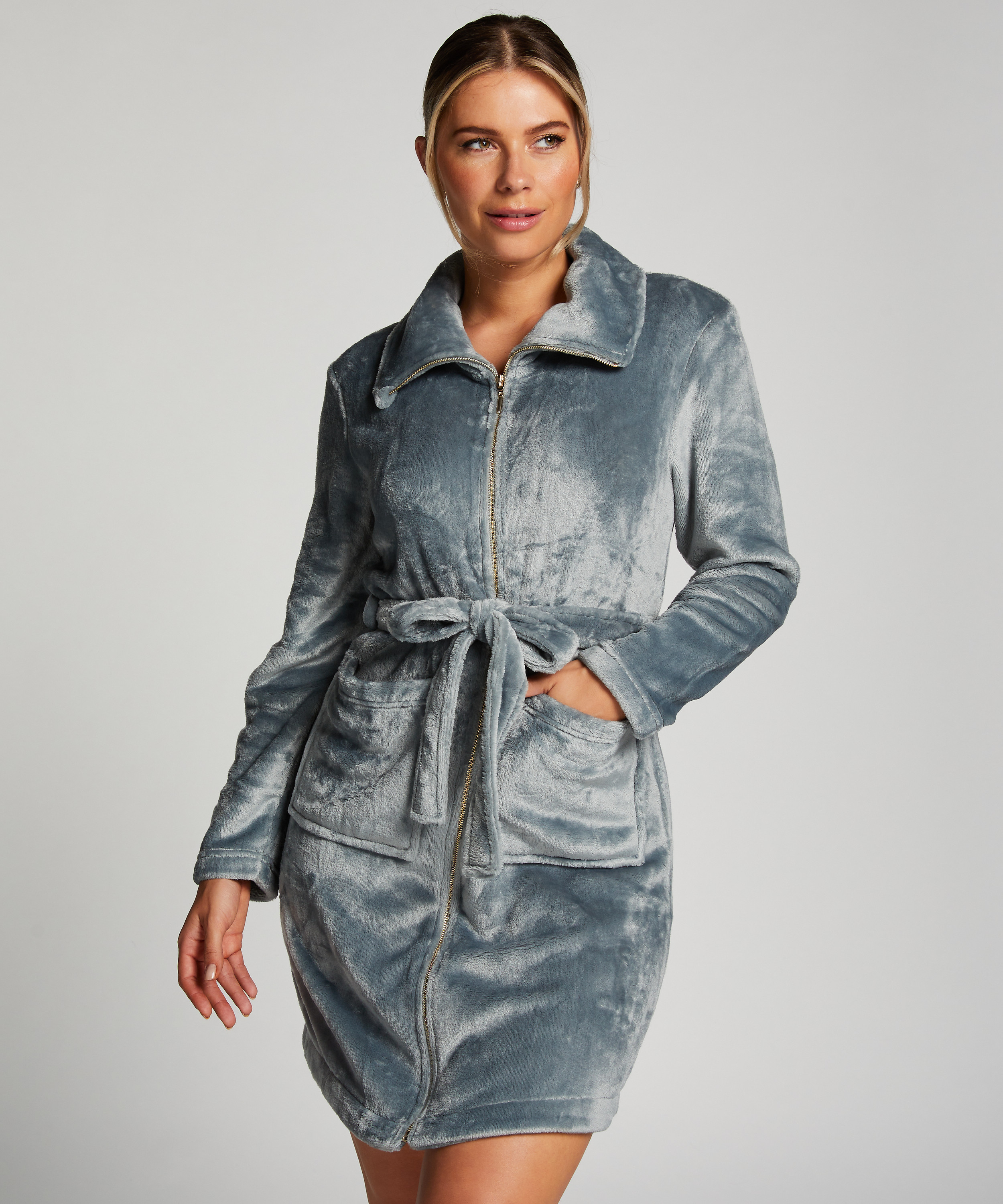 Peignoir en molleton avec fermeture éclair, Bleu, main