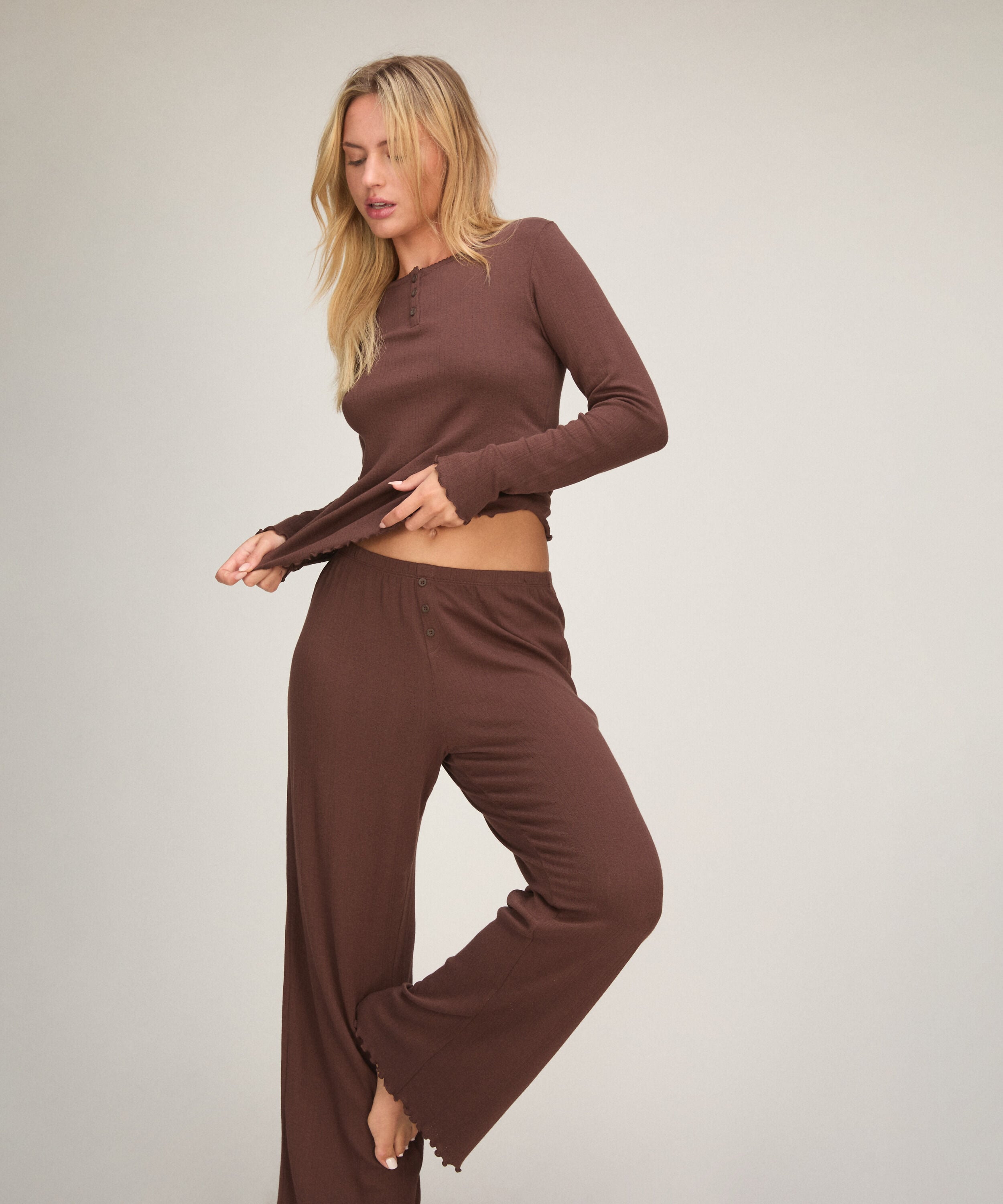 Pantalon de pyjama Loose Pointelle, Marron