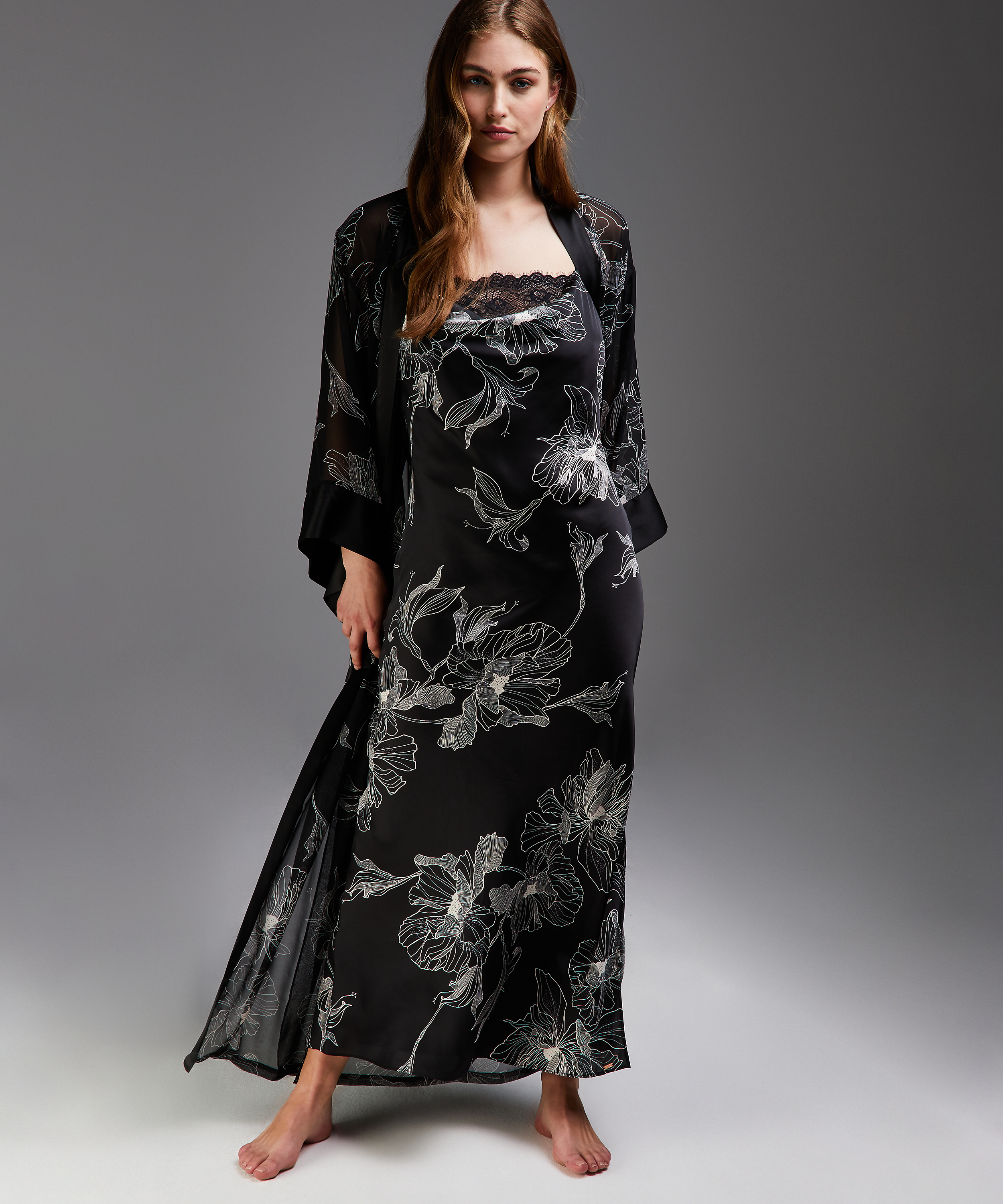 Kimono long chiffon lotus, Noir, main
