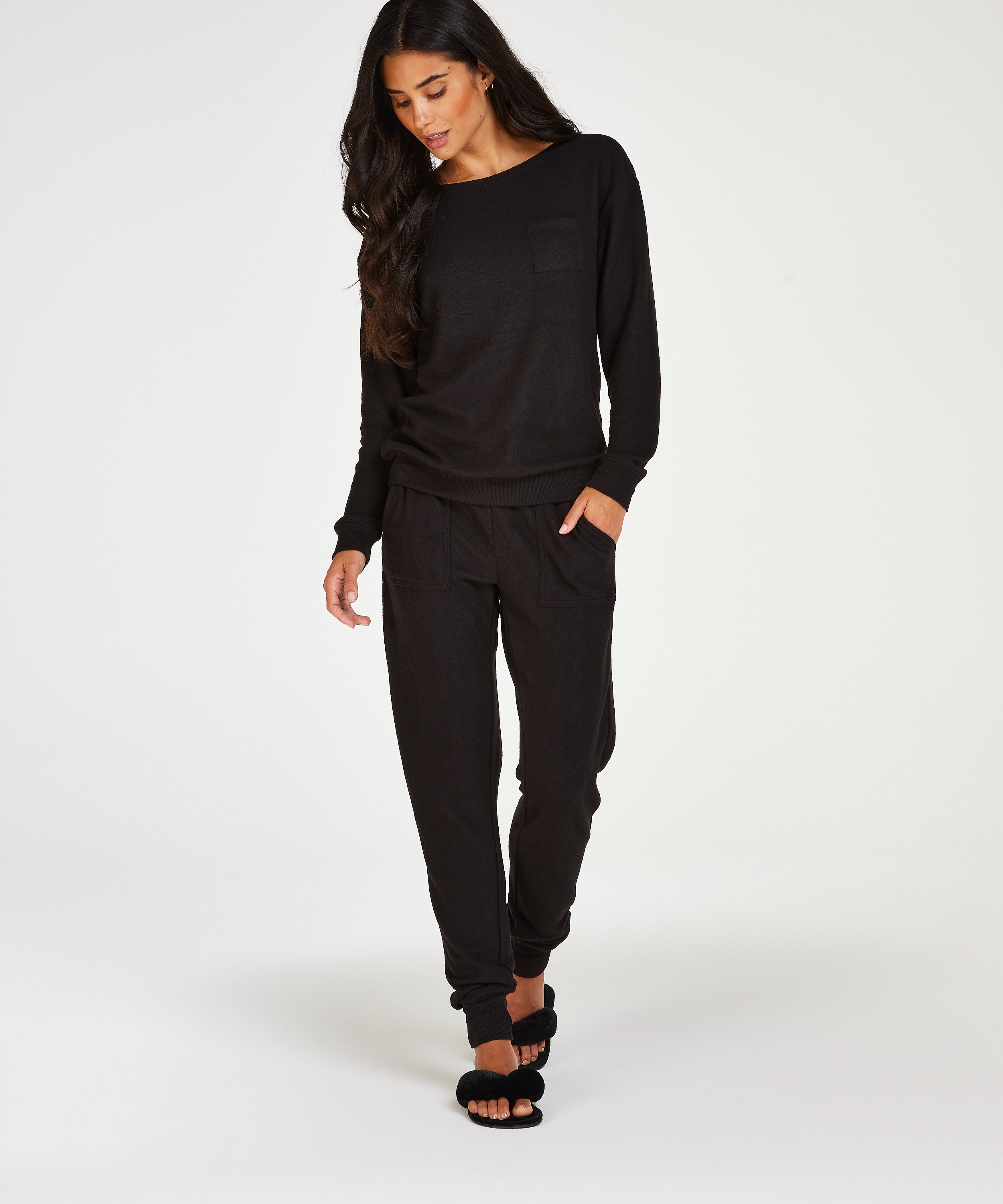 Pyjama Waffle Placket, Noir, main