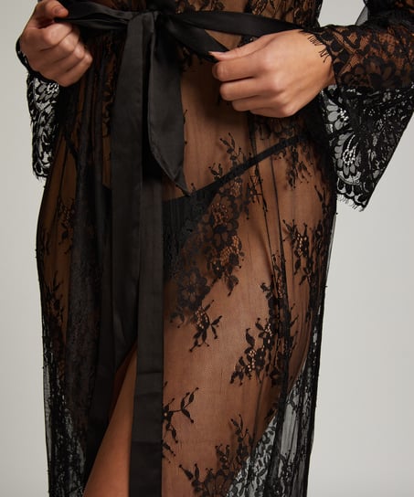 Long Kimono Allover Lace, Noir