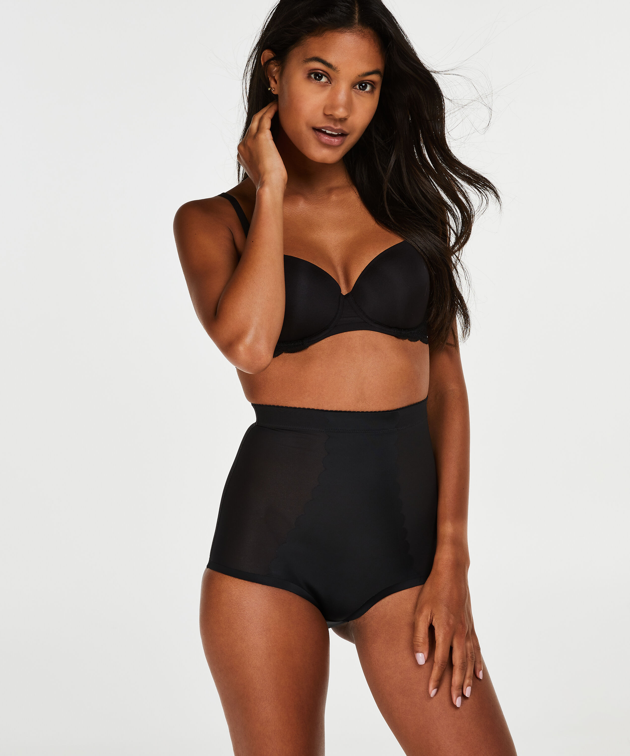 Bas taille haute avec gaine sculptante en dentelle festonnée - Level 3, Noir