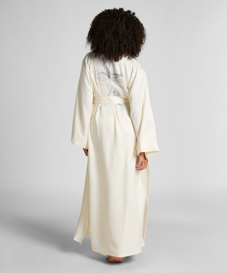Kimono Long Satin Floral, Blanc