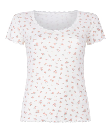 Haut à manches courtes en dentelle côtelée, Blanc