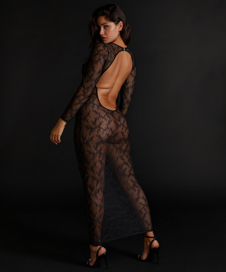 Nuisette moulante à manches longues en dentelle, Noir