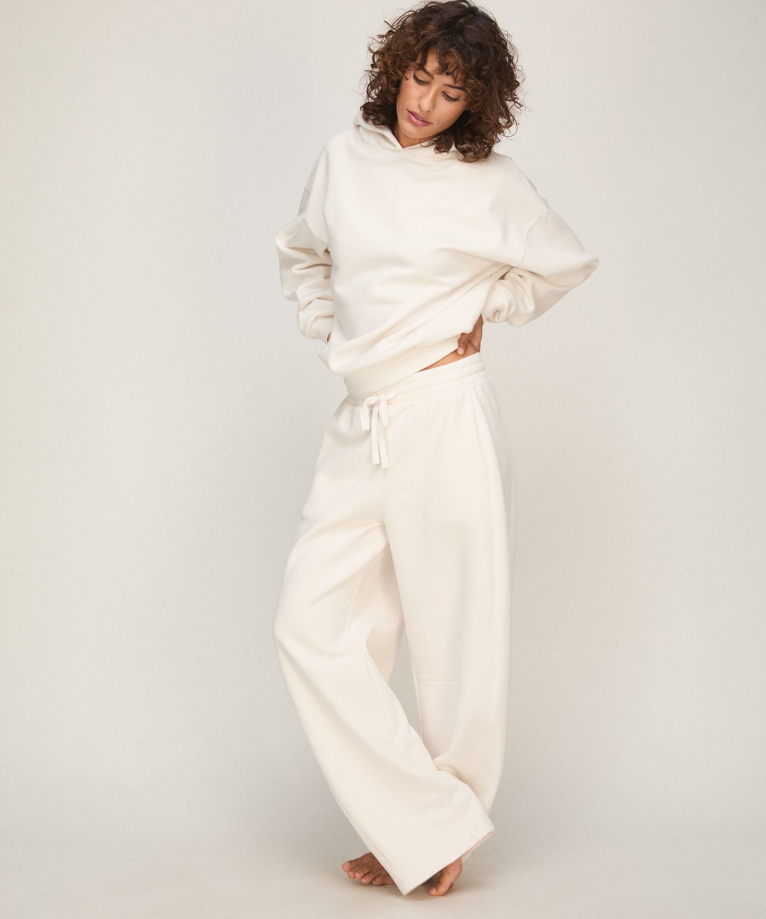Pantalon Barrel en Molleton Brossé, Blanc Pantalon Barrel en Molleton Brossé, Blanc