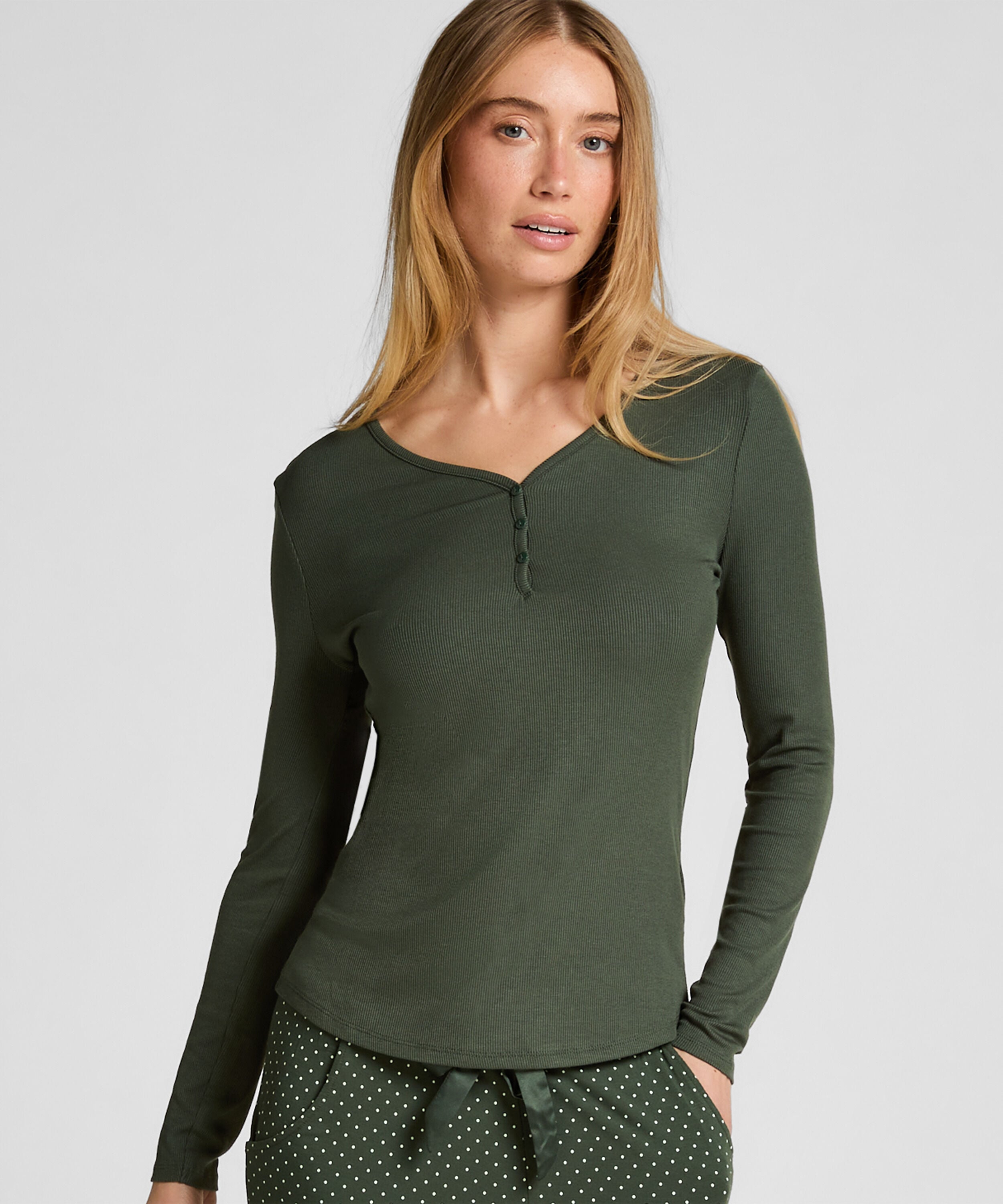 Haut de pyjama à manches longues Henley, Vert