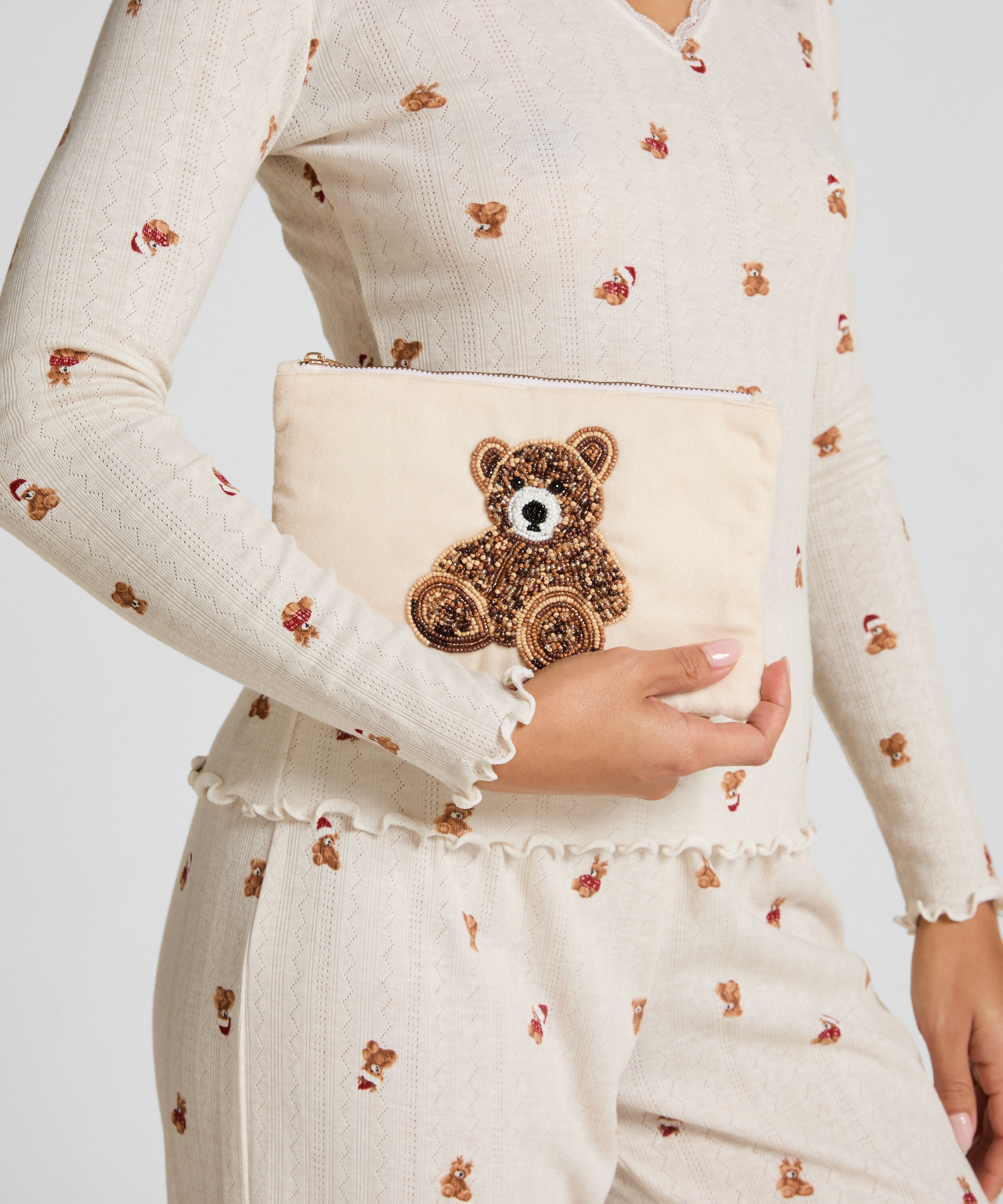 Pochette perlée ours, Beige